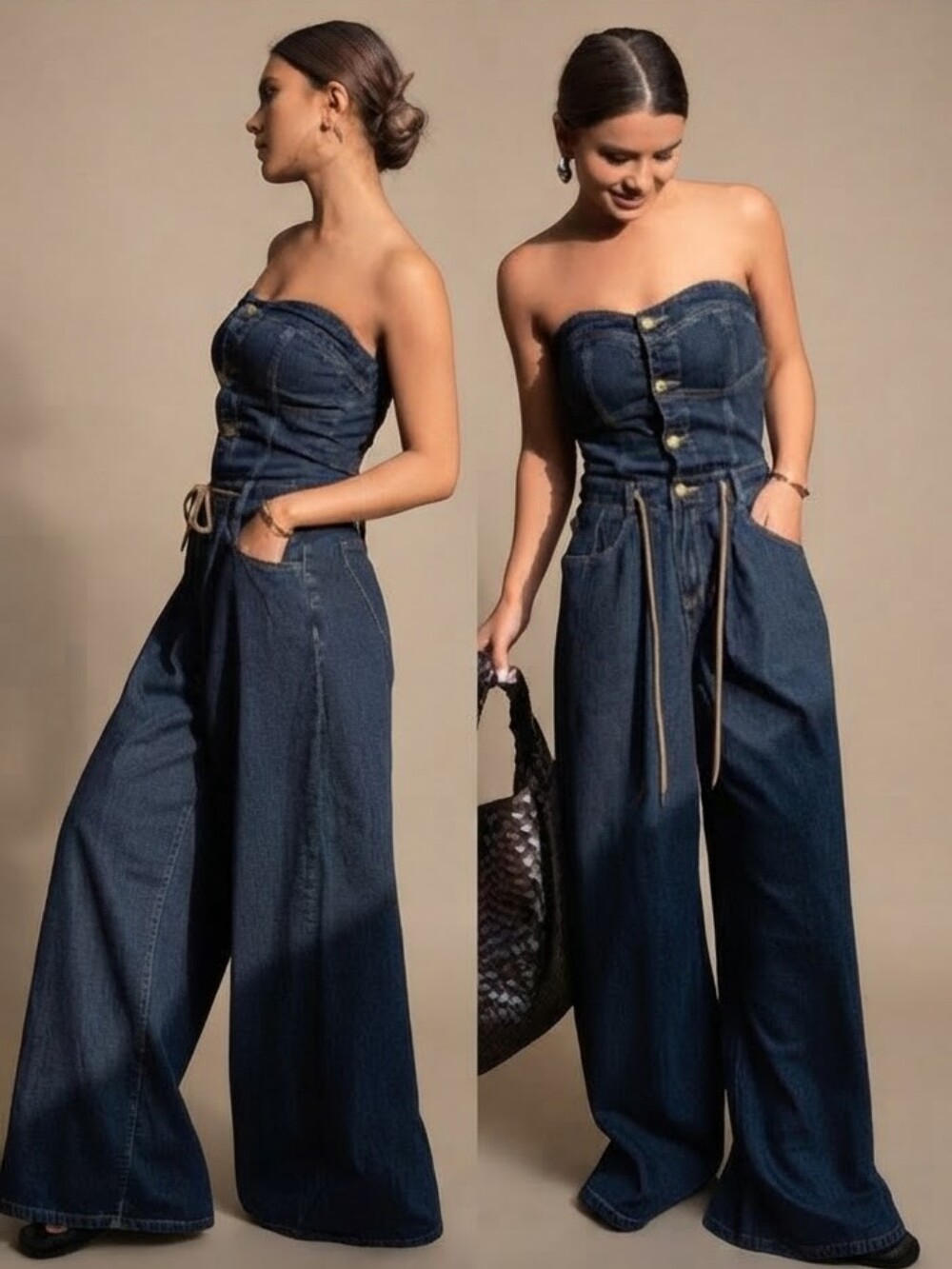 Strapless Dark Wash Wide-Leg Jean Denim Jumpsuit Sz L Western South West Rodeo
